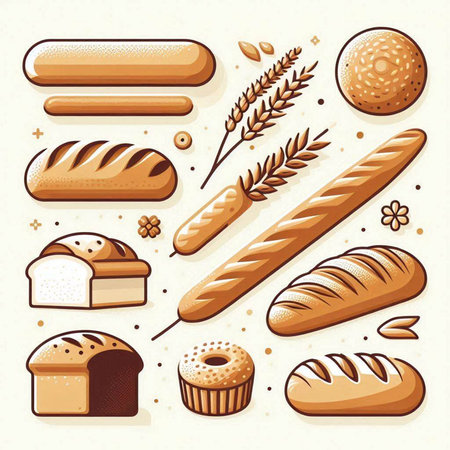 Bread and bakery products set. Vector illustration in cartoon style.