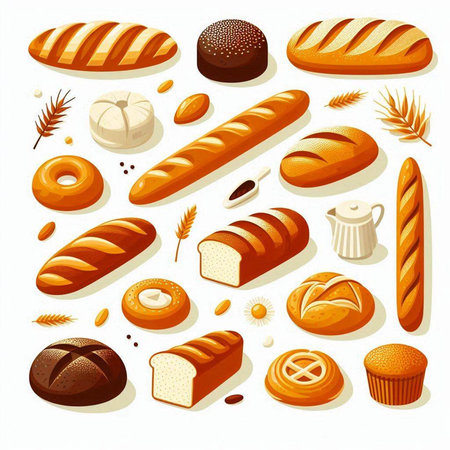 Bread and bakery products vector icons set. Illustration of bread and bakery products on white...
