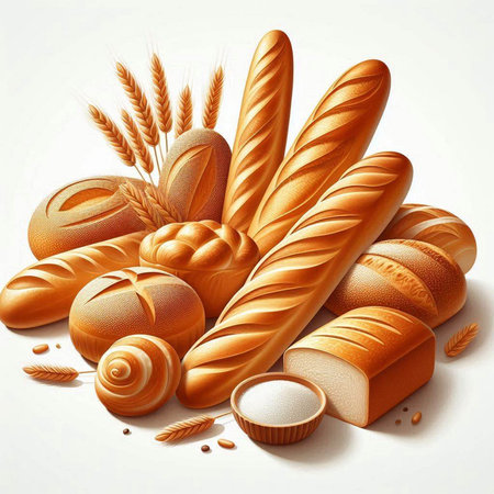 Different types of bread on a white background. 3d illustration.