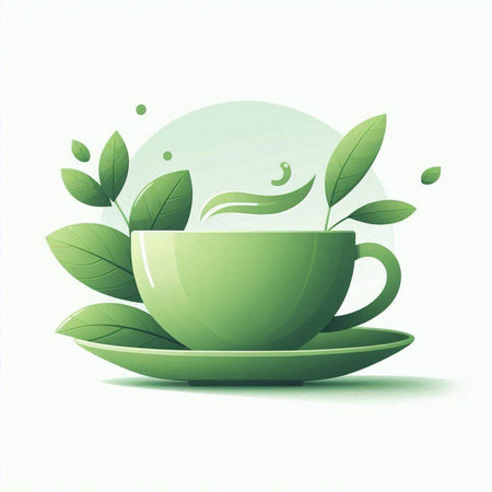 Cup of tea with green leaves on white background. Vector illustration.の写真素材