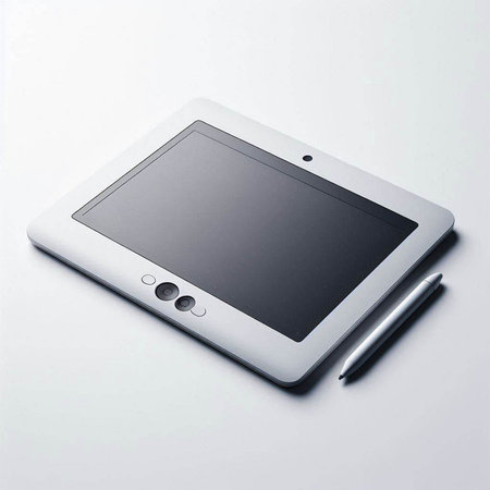 Tablet computer and pen isolated on white background. Top view.