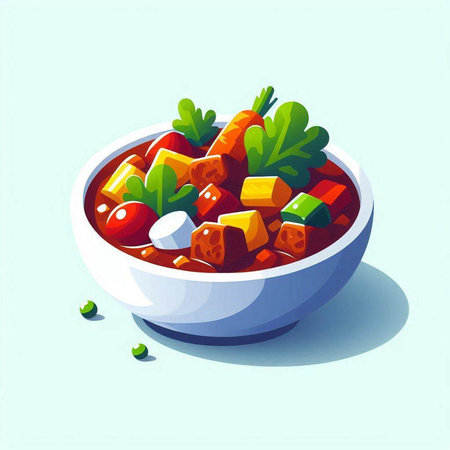 Vegetable soup in a bowl. Vector illustration on a blue background.