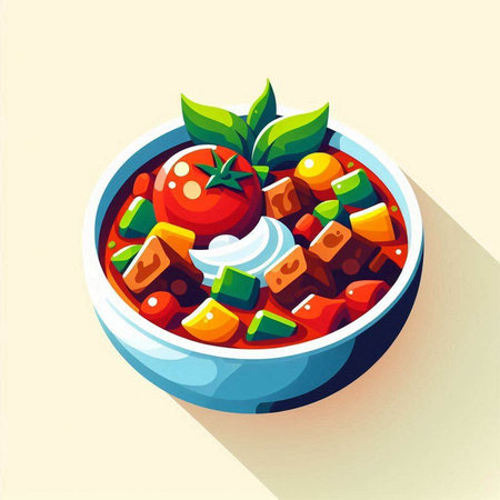Bowl of tomato soup with meat and vegetables. Vector illustration.