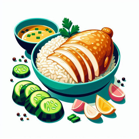Illustration of a bowl of rice with meat and vegetables on a white backgroundの写真素材