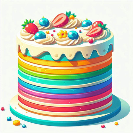 Colorful birthday cake with strawberries, blueberries and cream. Vector illustration.