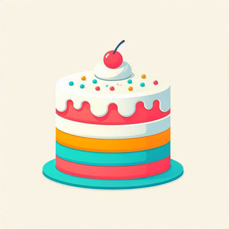 Birthday cake with cream and cherry on top. Vector illustration.