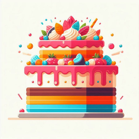 Colorful birthday cake isolated on a white background. Vector illustration.
