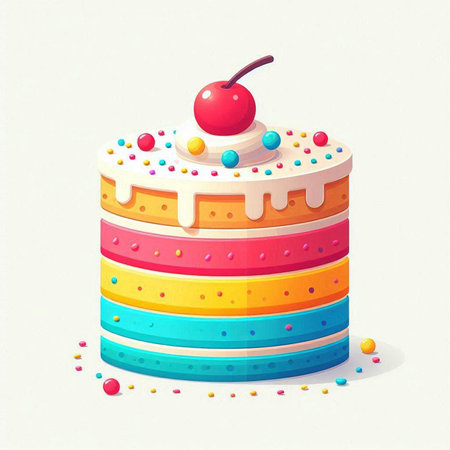 Cake with cherry and sprinkles on a white background. Vector illustration.