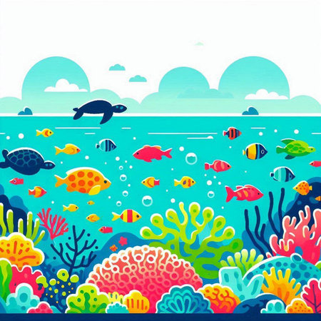 Coral reef with fish and seaweed. Cartoon vector illustration.の写真素材