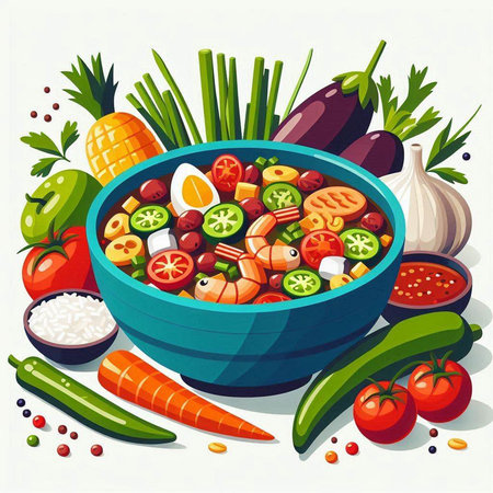 Vegetable soup in a bowl with ingredients. Vector illustration.の写真素材