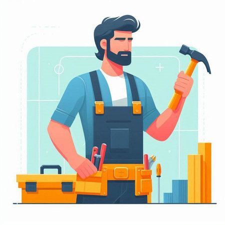 Craftsman with hammer and tools. Vector illustration in cartoon styleの写真素材