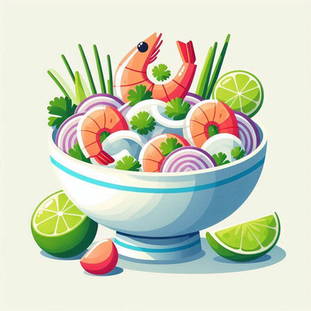 Salad with shrimps in a bowl. Vector illustration.