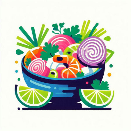 Vector illustration of vegetable salad in a bowl with carrot, onion, celery, onion, lemon, parsley.の写真素材