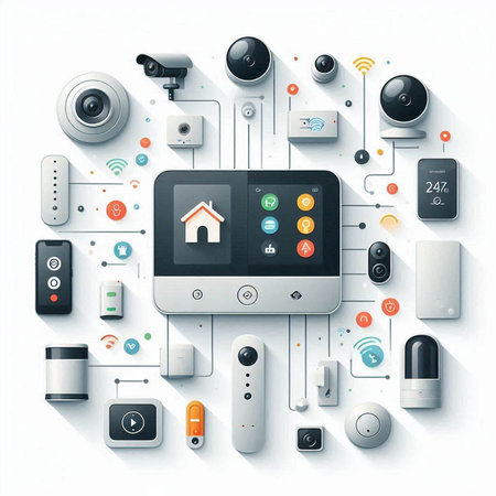 Smart home concept. Technology background with icons and buttons. Vector illustration.