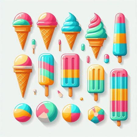 Set of colorful ice cream in waffle cones. Vector illustration.