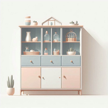 Illustration of a wooden chest of drawers in pastel colors