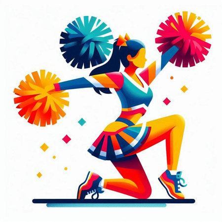 Cheerleader girl with pompoms. Colorful vector illustration.