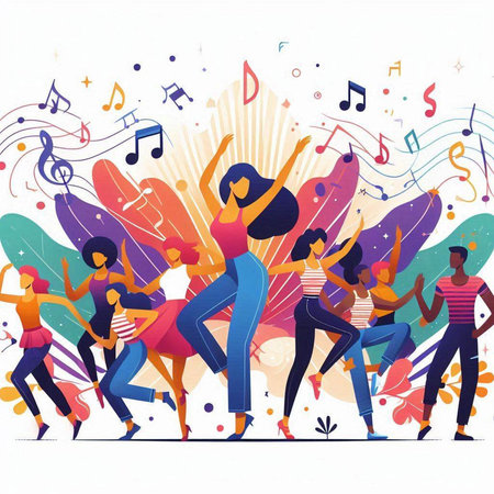Group of young people dancing and having fun. Flat vector illustration.