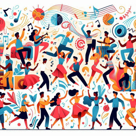 Seamless pattern with musical instruments and people. Vector illustration.