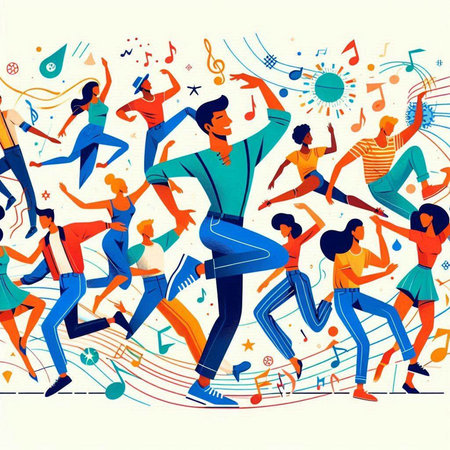 Dancing people. Flat vector illustration. Group of young people dancing and singing.