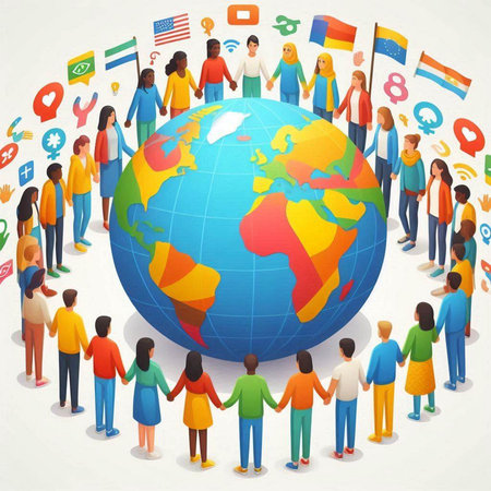 Global communication concept. Group of people around the globe. Vector illustration.