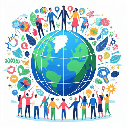 Global business concept. Group of people standing around globe. Vector illustration