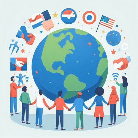 Global communication concept. People holding hands around the world. Vector illustration