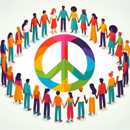 Group of people are standing around the peace symbol. Vector illustration.