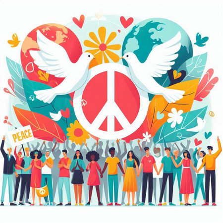 International Day of Peace concept. Group of people with peace symbols and symbols. Vector...