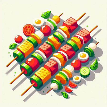 Shish kebab on skewers with vegetables. Vector illustrationの写真素材