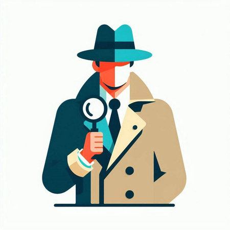 Detective with magnifying glass. Vector illustration in flat style.の写真素材