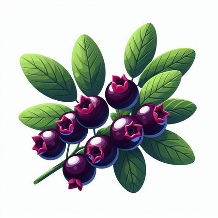 Bunch of blueberries with leaves isolated on white background. Vector illustration.の写真素材