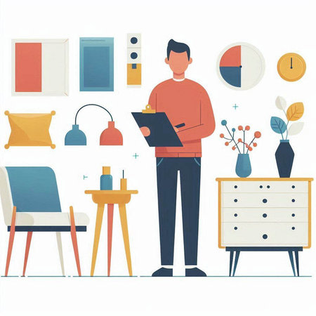 Man writing on clipboard in living room. Flat style vector illustration.の写真素材