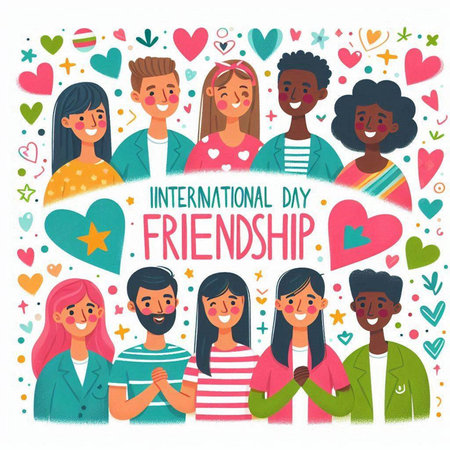 International Friendship Day greeting card with group of young people. Vector illustration