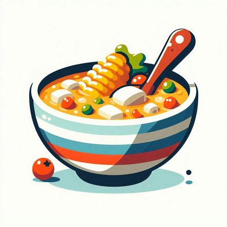 Illustration of a bowl of soup with corn on the cob and tomatoesの写真素材