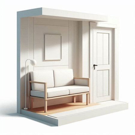 3d render of a white room with an open door and a sofaの写真素材