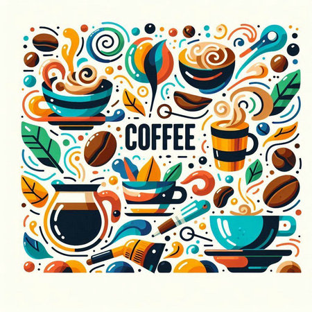 Coffee colorful poster with hand drawn elements. Vector illustration.の写真素材