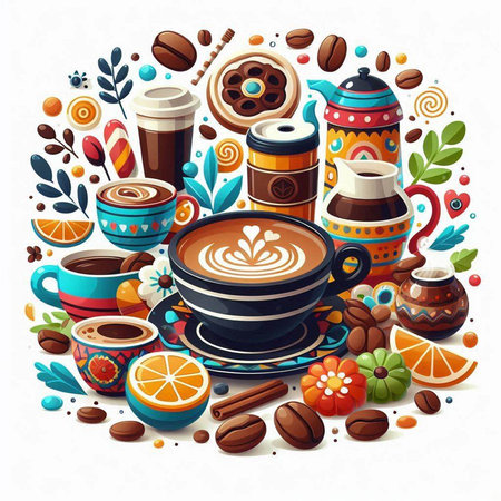Coffee background with latte art and sweets. Vector illustration.の写真素材