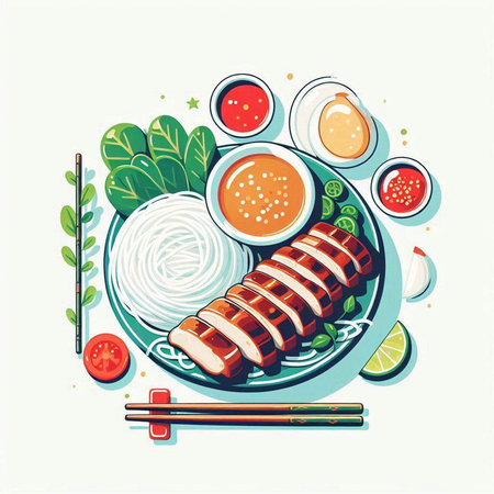 Illustration of japanese food on a plate with chopsticks