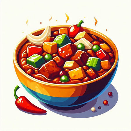 Mexican chili con carne in bowl, vector cartoon illustration.の写真素材