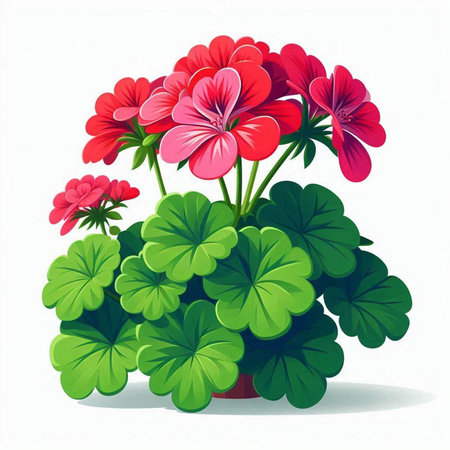 Geranium flowers in pot isolated on white background. Vector illustration.