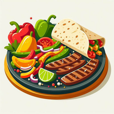 Illustration of grilled meat and vegetables on a plate. Vector illustrationの写真素材