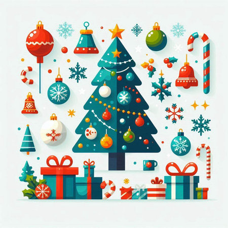 Christmas tree with gifts and decorations on white background. Vector illustration.の写真素材