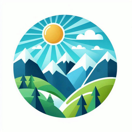 Mountain landscape with sun and clouds in blue circle. Vector illustration.の写真素材