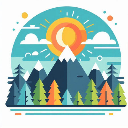 Landscape with mountains, forest and sun. Vector illustration in flat styleの写真素材