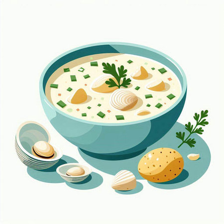 Illustration of a bowl of soup with dumplings and parsley