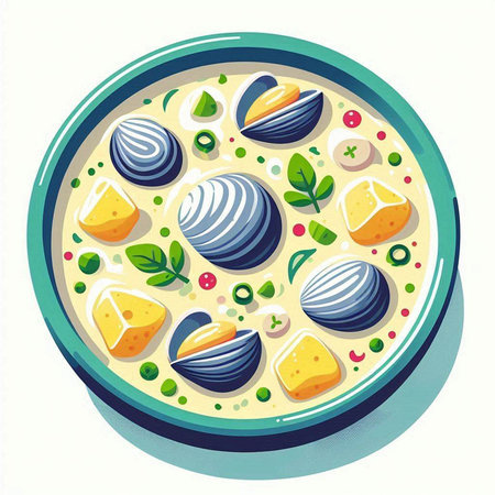 Illustration of a bowl of noodle soup with cheese and herbsの写真素材
