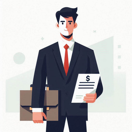 Businessman holding document and briefcase. Vector illustration in flat styleの写真素材