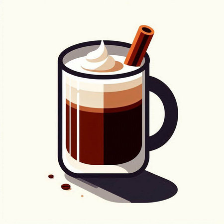 Cup of coffee with whipped cream and cinnamon. Vector illustration.