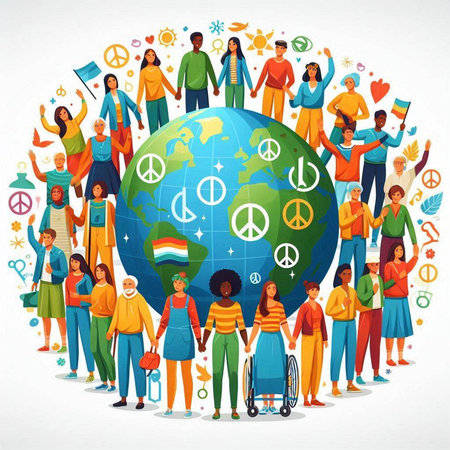 International day of peace concept. Group of international people standing around globe with peace...